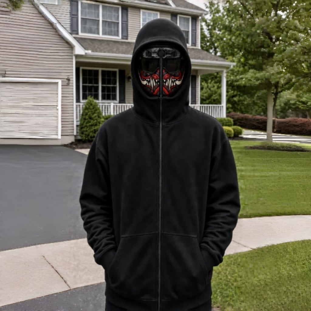 👻 Ghost Face Full-Zip Mask Hoodie | 2-in-1 Built-In Face Cover Zip-Up Sweatshirt for Streetwear, Halloween & Cosplay 🖤
