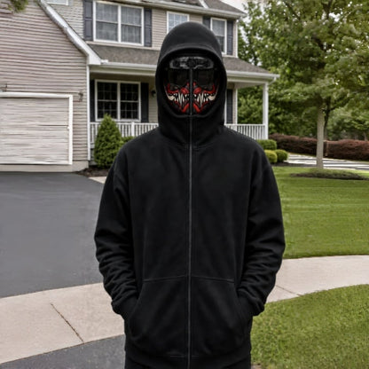 👻 Ghost Face Full-Zip Mask Hoodie | 2-in-1 Built-In Face Cover Zip-Up Sweatshirt for Streetwear, Halloween & Cosplay 🖤