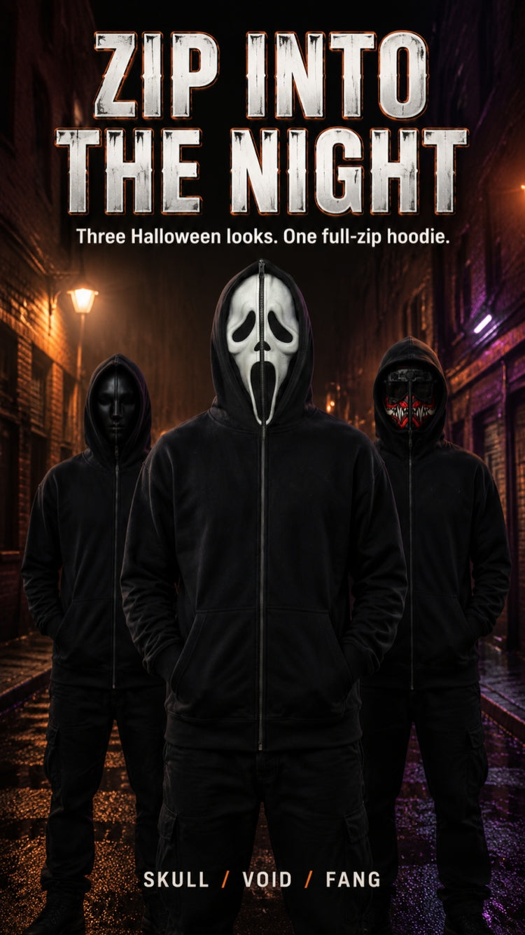 👻 Ghost Face Full-Zip Mask Hoodie | 2-in-1 Built-In Face Cover Zip-Up Sweatshirt for Streetwear, Halloween & Cosplay 🖤