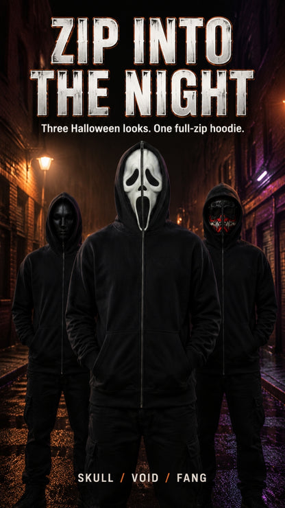 👻 Ghost Face Full-Zip Mask Hoodie | 2-in-1 Built-In Face Cover Zip-Up Sweatshirt for Streetwear, Halloween & Cosplay 🖤
