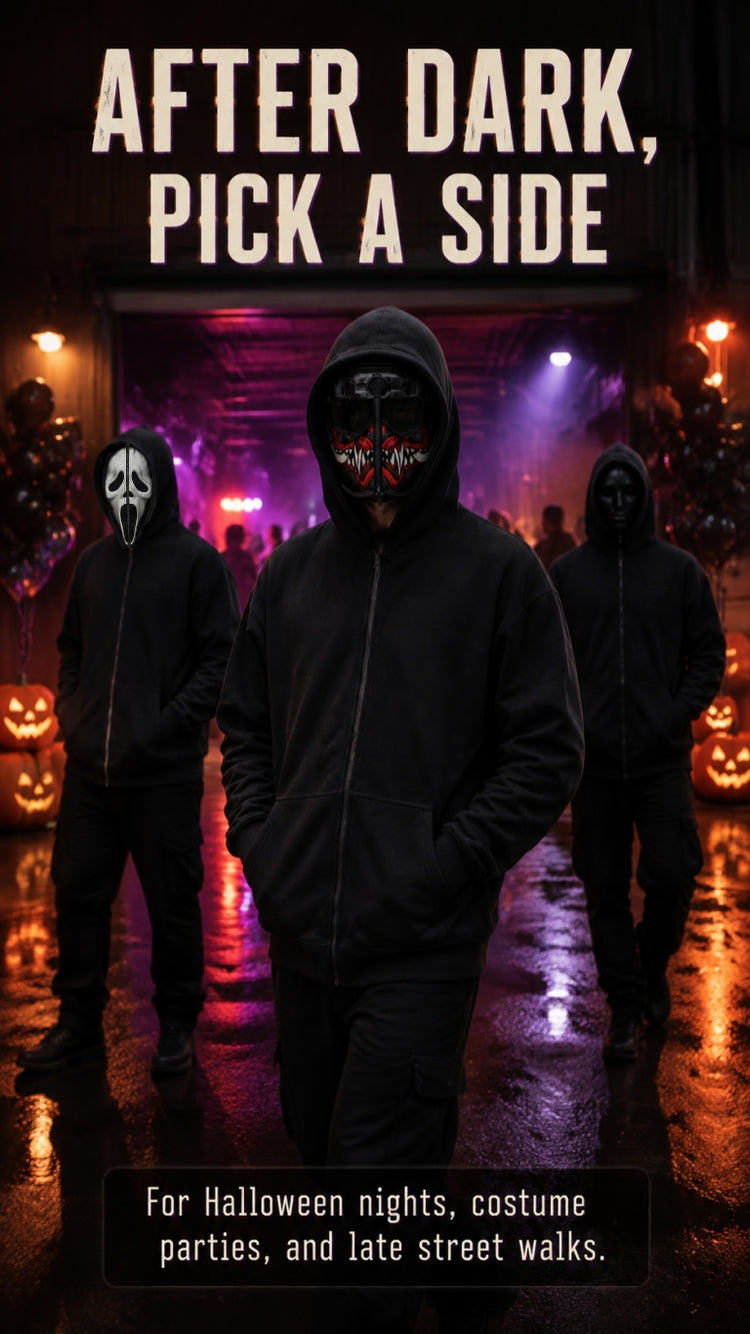👻 Ghost Face Full-Zip Mask Hoodie | 2-in-1 Built-In Face Cover Zip-Up Sweatshirt for Streetwear, Halloween & Cosplay 🖤