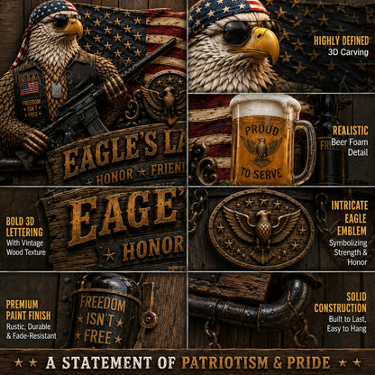 🇺🇸 Eagle’s Last Watch Veteran Bar Sign – Rustic Military Eagle Wall Decor