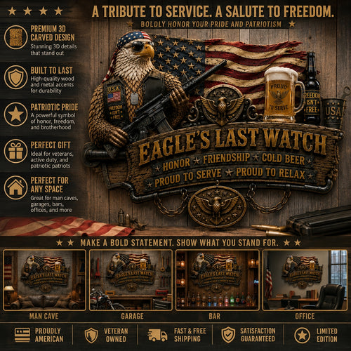 🇺🇸 Eagle’s Last Watch Veteran Bar Sign – Rustic Military Eagle Wall Decor