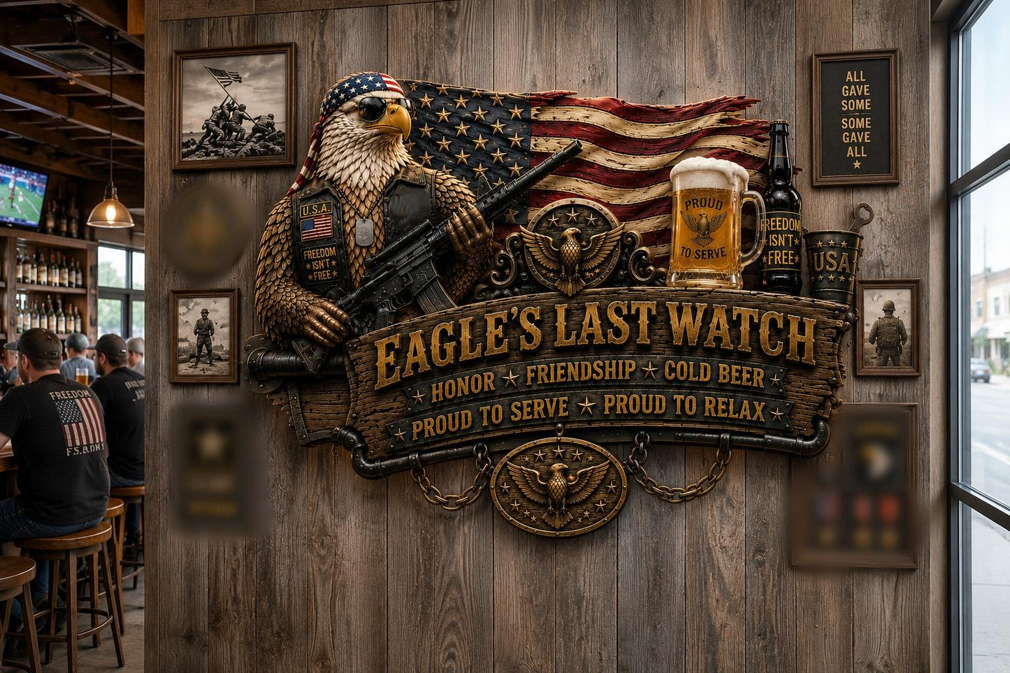 🇺🇸 Eagle’s Last Watch Veteran Bar Sign – Rustic Military Eagle Wall Decor