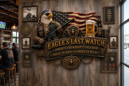 🇺🇸 Eagle’s Last Watch Veteran Bar Sign – Rustic Military Eagle Wall Decor