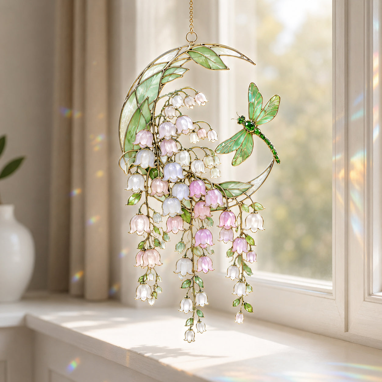 Dragonfly Among Lily of the Valley 3D Glass Suncatcher | Product Detail Page