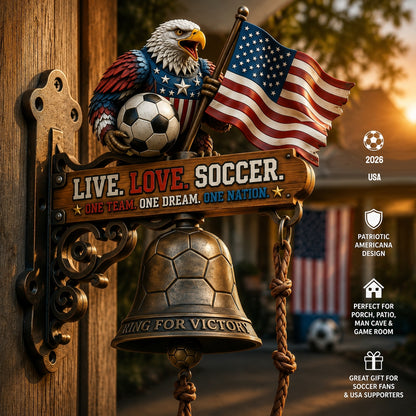 🔥🦅 LIVE LOVE SOCCER Eagle Wall Decor with Bell 🎊| 2026 USA Patriotic Soccer ⚽Porch Sign | Ring for Victory Rustic Home Wall Art