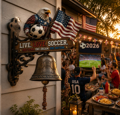🔥🦅 LIVE LOVE SOCCER Eagle Wall Decor with Bell 🎊| 2026 USA Patriotic Soccer ⚽Porch Sign | Ring for Victory Rustic Home Wall Art
